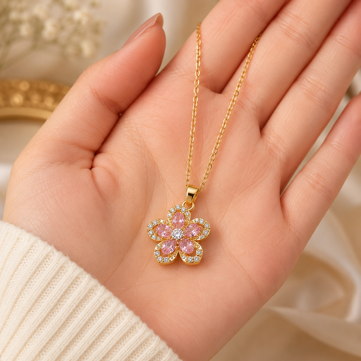 ( New Arrival ) Cherry Blossom Spin Necklace - 18k Gold Plated